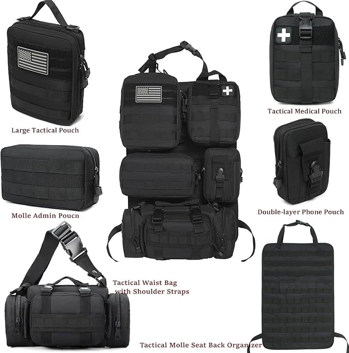 6 Pack Tactical Molle Car Seat Back Organizer - Tactical Vehicle Panel Organizer with 5 Detachable Molle Pouch,US Flag Patch