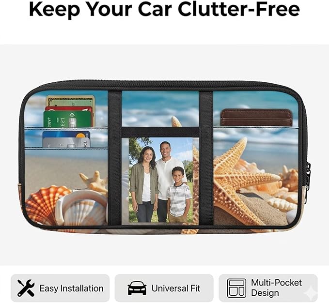 Beach Starfish Shell Car Visor Organizer Scratch-Resistant Sunvisor Organizers Auto Interior Car Accessories with Zipper Visor Storage Pouch Fits Most Vehicles, SUVs, Trucks Keep Tidy