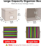 File Organizer Box with Lid, Linen Hanging File Storage Box with Handle, Collapsible Document Filling Box for Letter/Legal Fo