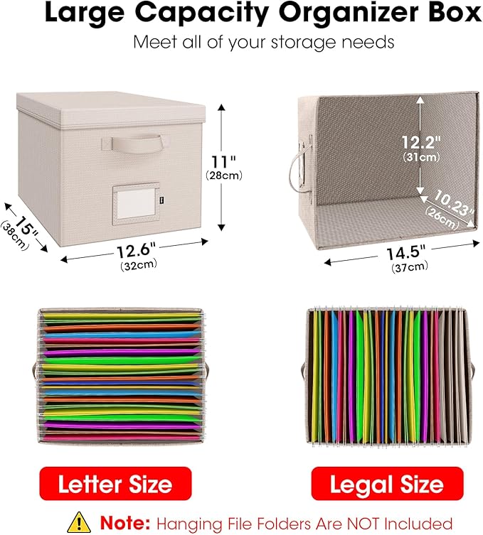 File Organizer Box with Lid, Linen Hanging File Storage Box with Handle, Collapsible Document Filling Box for Letter/Legal Fo