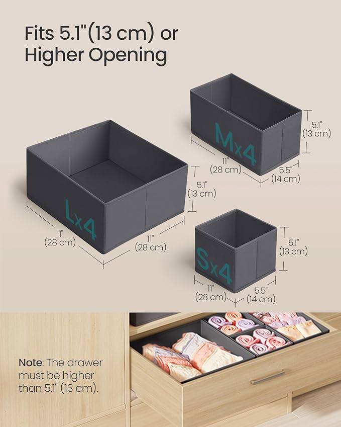 SONGMICS Drawer Organizer, Dresser Drawer Organizers, Set of 12, Foldable Fabric Storage Bins for Socks, Underwear, Bras, Tie