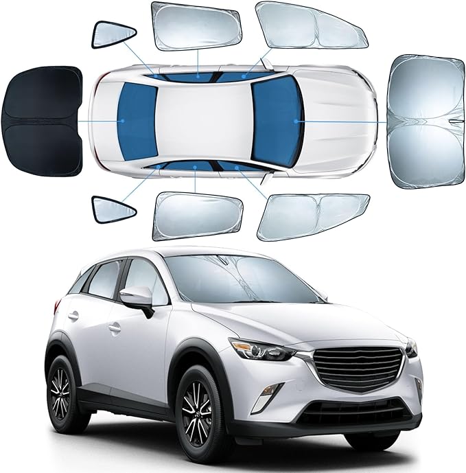 8 PCS Sun Shades for Mazda CX5 Windshield Sunshade, 2-Layer Full Window Shades for CX-5 2017-2026 Front Rear Side Window Covers Retractable Sun Visor Blocker Privacy Car Accessories Keep Car Cool
