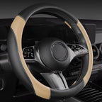 CAR PASS Faux Leather Steering Wheel Cover and Waterproof Car Floor Mats,Universal Car Combo Fit for 95% Sedan,SUV,Cars,14.5-15inch Sporty Anti-Slip Safety Comfortable Design(Black＆Beige)