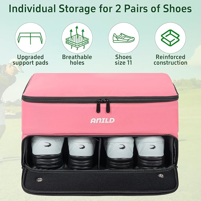 ANILD Golf Trunk Organizer, 2 Layer Golf Storage Case with Separate Ventilated Compartment for 2 Pair Shoes, for Balls, Tees,