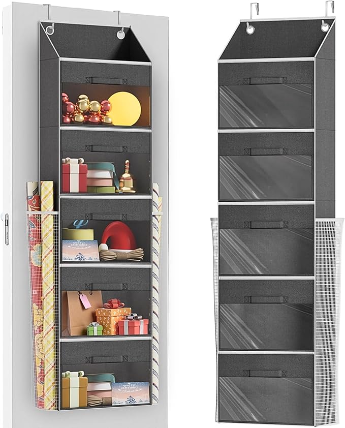Ofiray-home Over Door Wrapping Paper Organizer Storage with 5 Removable Drawers & 2 Large Side Pockets for Gift Wrap Rolls Wr