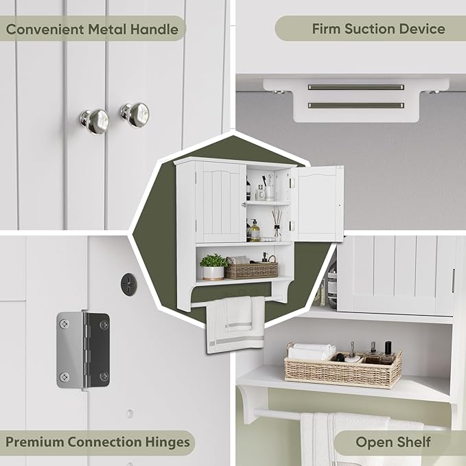 Smuxee White Bathroom Cabinet Wall Mounted with Towels Bar, Bathroom Medicine Cabinet with 2 Door Adjustable Shelves, Over To