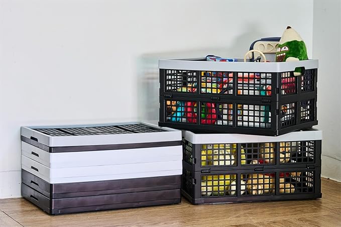 Aebeky 3-Pack Plastic Collapsible Storage Crates-30L,Foldable Plastic Crates for Storage (Black+Gray)