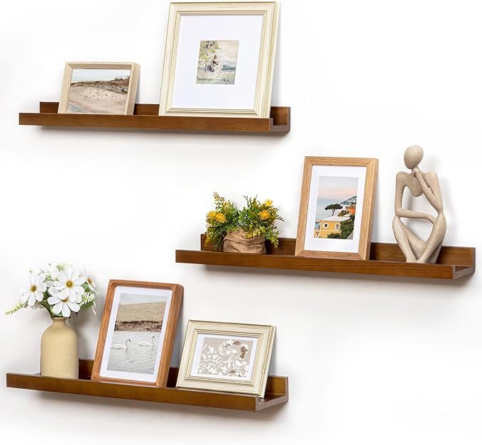 Picture Ledge Wall Shelves 24 inches Width Set of 3, Solid Pine Wood Rustic Floating Ledge Shelves for Wall for Kids' Room Be
