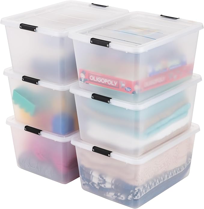 IRIS USA 6-Pack High-Capacity Clip Box with Latching Lids, 32 Quart Craft Storage Bins, Art & Writing Supply Containers for H