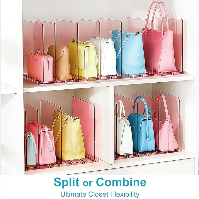 SortNStore Purse Organizer for Closet: Shelf Dividers Adjustable Acrylic Bag Closet Organizers and Storage Pink 4 Bases 14 Sh