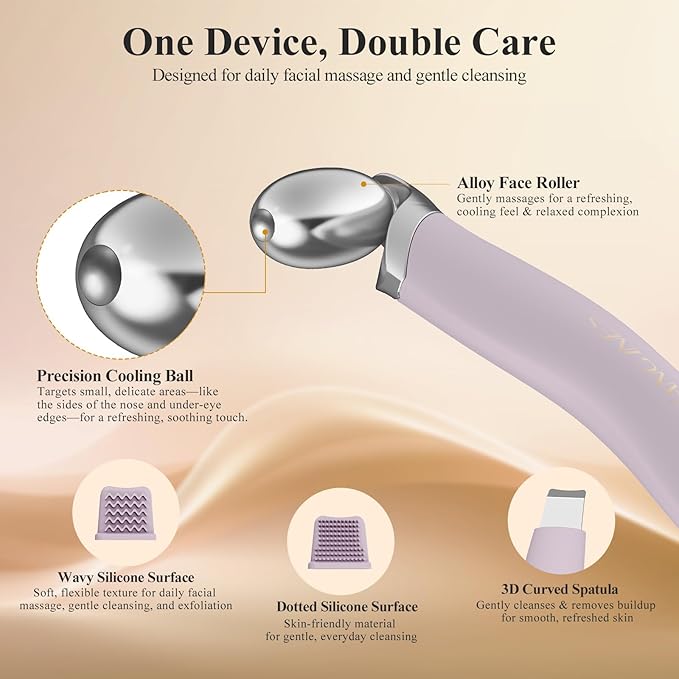 3-in-1 Ice Roller for Face & Eyes – Cooling Facial Roller, Pore Cleansing Tool with 2 Silicone Brushes, Stainless Steel Roller for Puffiness & Pores (Purple)