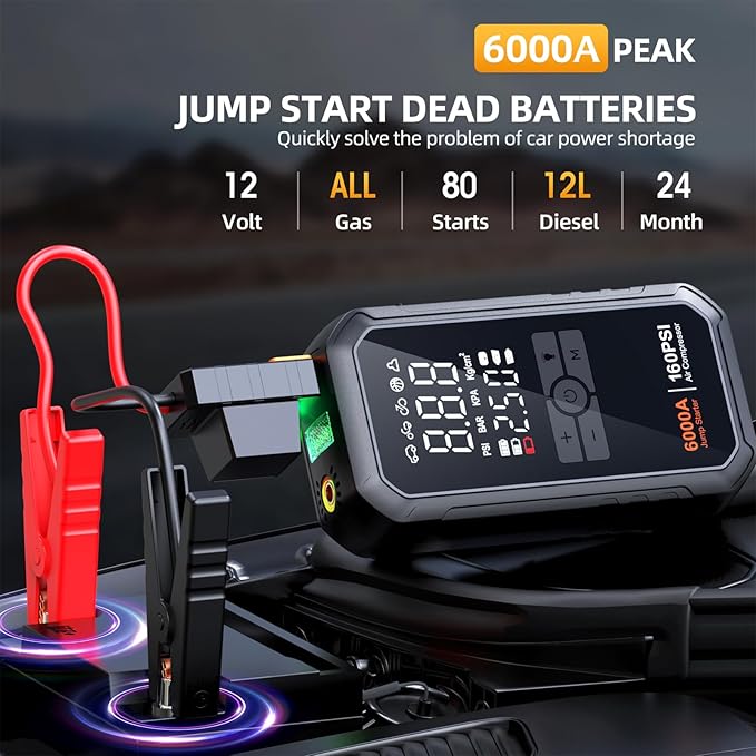 Portable 10-in-1 Car Battery Jump Starter with Air Compressor 6000A 160PSI Portable Car Jumper Starter (All Gas 12L Diesel),