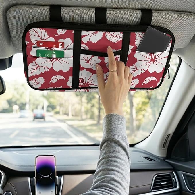 Hibiscus Flower Car Sun Visor Organizer Keep Tidy Car Visor Organizer with Big Zipper Pocket Card Holder Universal Fit for Most Cars SUV
