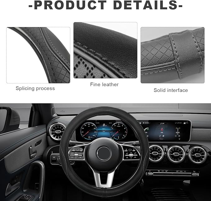 Car Steering Wheel Cover, 15 Inch Anti-Slip Breathable Leather Auto Steering Wheel Protector, Full Surround Soft Steering Whe
