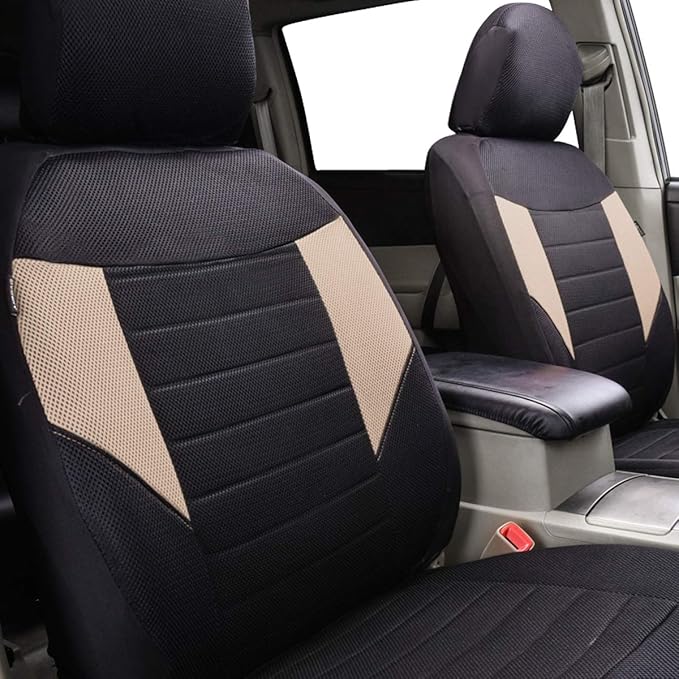 CAR PASS 6PCS Super Universal Fit Air Mesh Two Front Car Seat Covers Set Package-Fit for Vehicles,Suvs,Vans,Sedans,Airbag Compatiable (BLACK AND BEIGE)