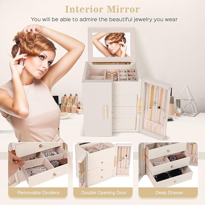 Dajasan Large Jewelry Box Organizer, Jewelry Storage Organizer with 3 Drawers, Huge Jewelry Box with Mirror for Women Girls, 