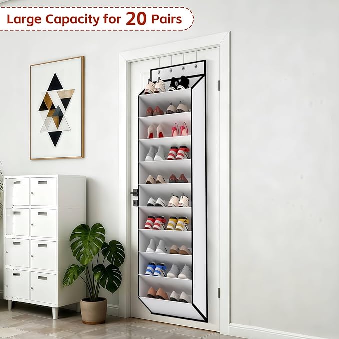KEEPJOY 10 Tiers White Over Door Shoe Organizer Storage, Hanging Shoe Holder for Door with Large Deep Pockets, Fit 20-30 Pair