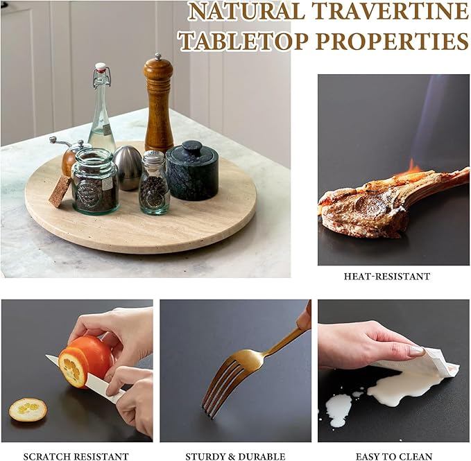 Koville 16'' Beige Marble Lazy Susan Travertine Turntable for Kitchen Dinning, Marble Lazy Susans Organizer for Cabinet, Serv