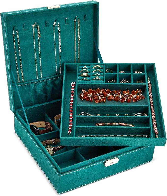 Juvale Velvet Jewelry Box Organizer - 10.5 x 10.5 x 3.5 in, Green - Lockable 2-Tier Travel Jewelry Case & Earring Storage - R
