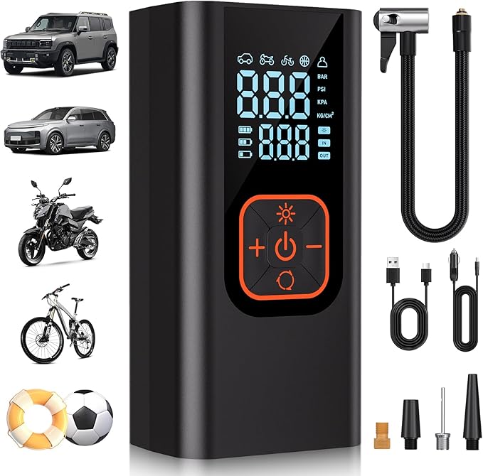 180PSI Tire Inflator Portable Air Compressor, 6X Faster Air Pump for Car Tires with Digital Pressure Gauge, 12V DC Adapter, LED Light, Portable Tire Inflator for Car, Motorcycle, Bike, Balls