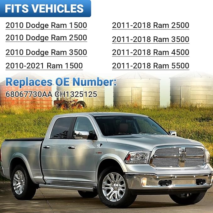 Passenger Right Side Lower Mirror Glass Replacement，For 2010-2020 Dodge Ram 1500 2500 3500 4500 5500 Towing Model, 68067730AA，Right Pass Convex Lower Mirror Glass， with Bracket