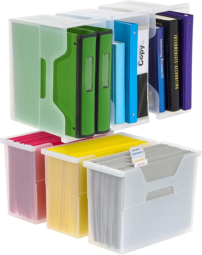 IRIS USA Medium Portable Desktop File Box with Open Lid, 6 Pack, Side Handles, Hanging File Folders, Tabs & Inserts, Letter S