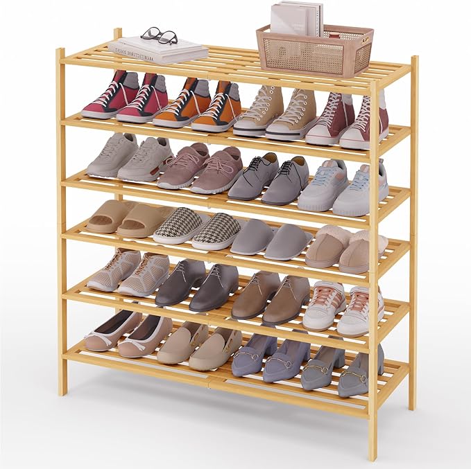Smiry Long Bamboo Shoe Rack 6-Tier, Stackable Wooden Shoe Organizer for Entryway & Closet, Free Standing Wood Shoe Storage Sh