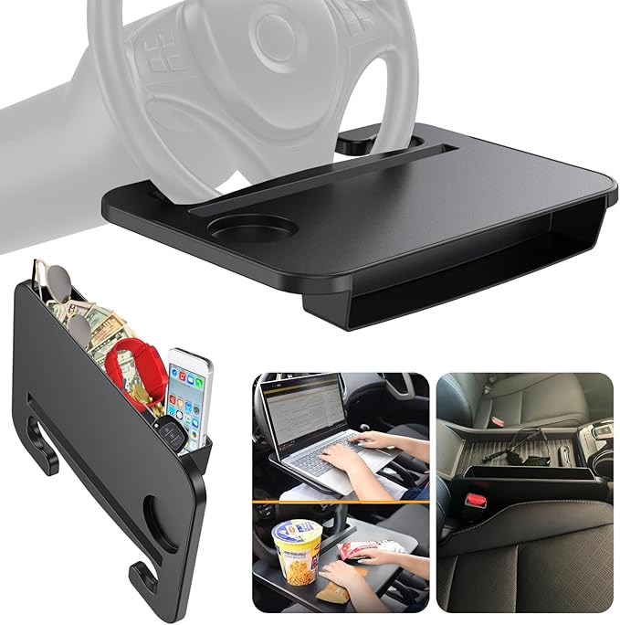 2 IN 1 Steering Wheel Tray with Car Seat Gap Filler Organizer | Car Food Eating Lunch Tray for Driver | Laptop Holder Office Desk | Between Seat Gap Storage Box - Car Gadgets & Roadtrip Essentials
