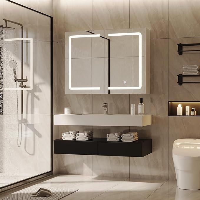 DICTAC Medicine Cabinet with Mirrors and Storage 31.5''x23.6'' Wall Mounted Bathroom Mirror Cabinets with Led Lights Double D