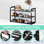 Jripae Bamboo Shoe Rack for Entryway, Stackable 3 Tier Shoe Organizer Shelf Storage 9-12 Pairs Shoes Stand Cubby for Closet D