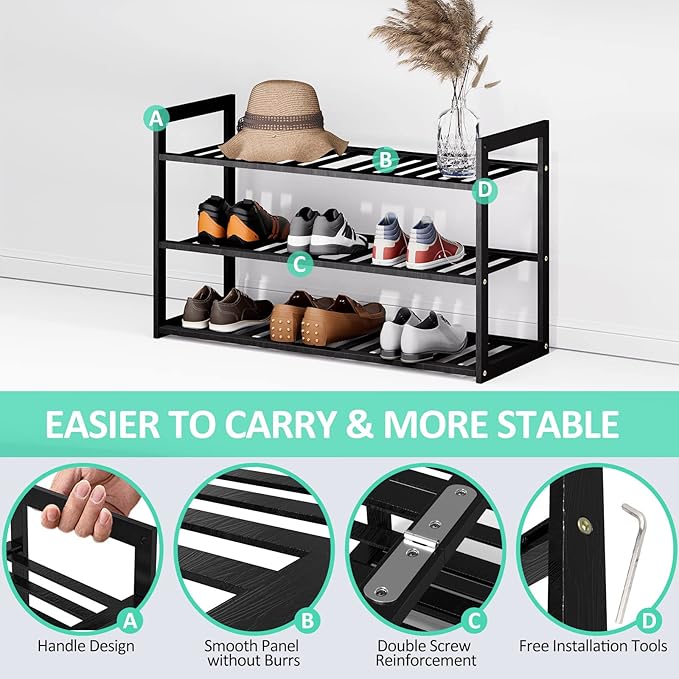 Jripae Bamboo Shoe Rack for Closet, Stackable 3 Tier Longer Shoe Organizer Shelf Holder Storage 12-15 Pairs for Entryway Door