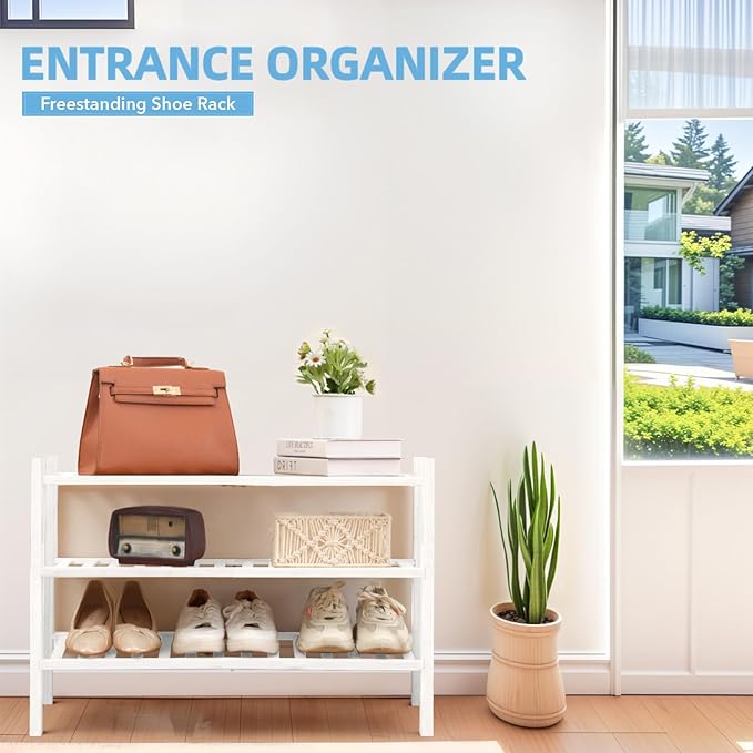 3 Tier Bamboo Shoe Rack Storage Organizer for Closet, Multifunctional Stackable Free Standing Shoe Shelf Organizer for Small 