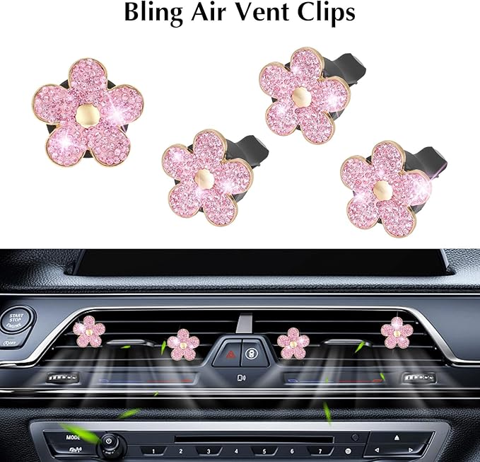 ARTILAURA 11 PCS Bling Car Accessories Set for Women Steering Wheel Covers Butterfly Hanging Seat Belt Cover Air Vent Clips Coasters Cute Glitter Diamond AUTO Accessories Kit (Pink)