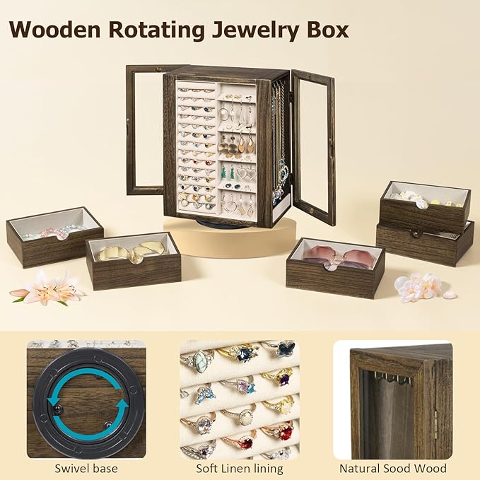 Emfogo 360° Rotating Jewelry Box for Women, Rustic Wooden Jewelry Organizer Box with 5 Drawers, Glass Doors, Vertical Open De