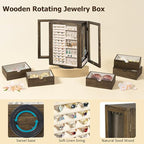 Emfogo 360° Rotating Jewelry Box for Women, Rustic Wooden Jewelry Organizer Box with 5 Drawers, Glass Doors, Vertical Open De