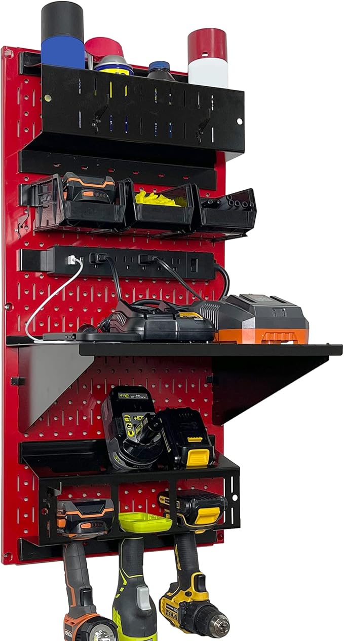 Wall Control Power Tool Storage Organizer Kit Cordless Drill Holder Charging Station Rack 16” x 32” Metal Pegboard Organizati