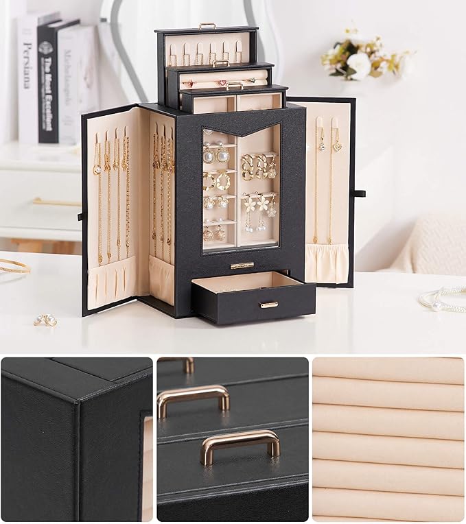 Homde Jewelry Organizer with Transparent Window Necklace Hooks Gift for Women Jewelry Box Display Case for Necklaces Rings Ea