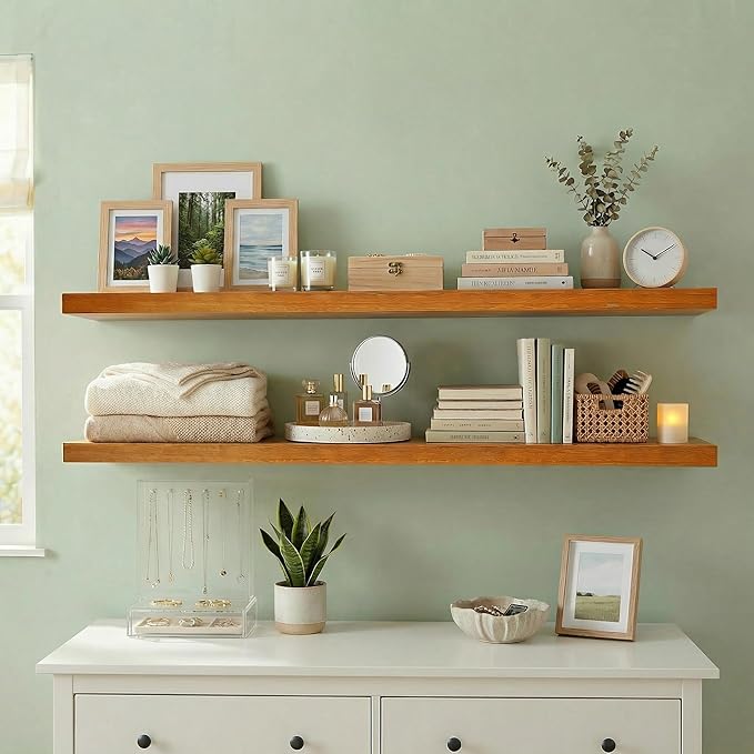 IEO Long Wooden Floating Shelves for Room Wall, Natural Wood Floating Shelves Wall Mounted Kitchen Shelf for Living Room, Bed