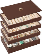 Voova Stackable Jewelry Organizer Tray with Lid, PU Leather Jewelry Storage Holder for Drawer Inserts, Jewellery Display Box 