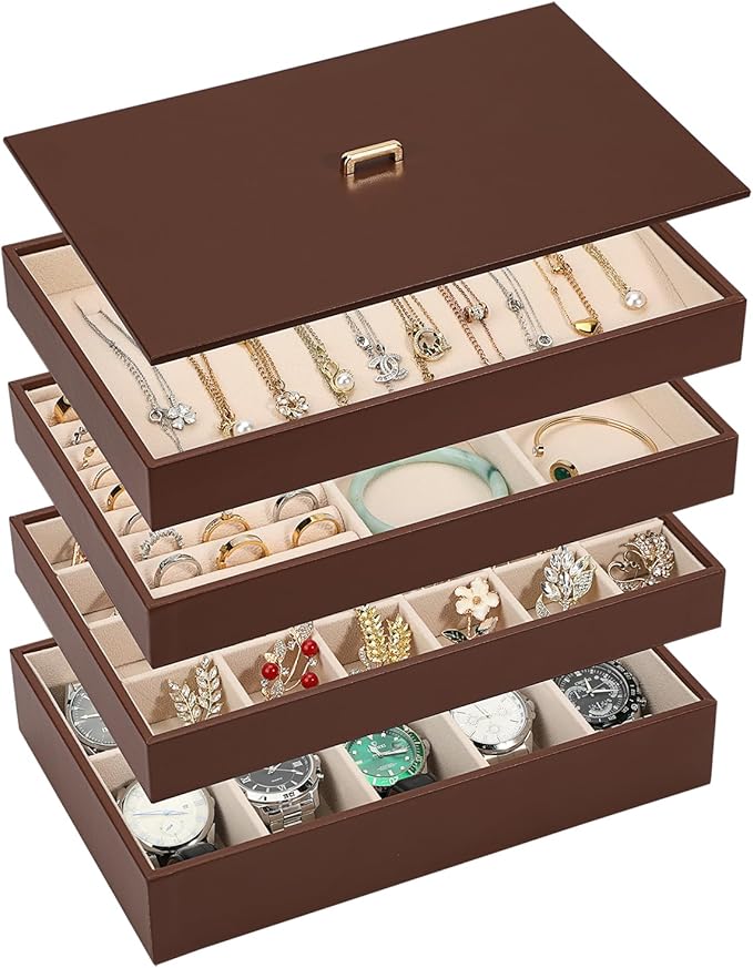 Voova Stackable Jewelry Organizer Tray with Lid, PU Leather Jewelry Storage Holder for Drawer Inserts, Jewellery Display Box 