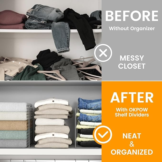 OKPOW Shelf Dividers for Closet Organization: 4 Pack Durable Clear Acrylic Divider Organizer for Shelves - Vertical Adjustabl