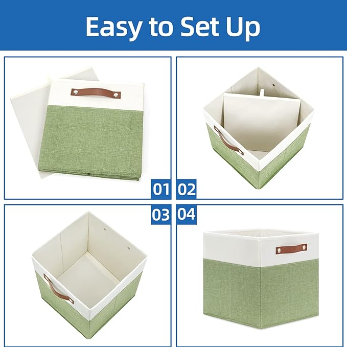 Temary 12 Inch Fabric Storage Cubes Storage Bins with Leather Handles, 4 Pack Cube Baskets Bins for Organizing Closet, Foldab