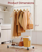 Sakugi Clothes Rack - Metal Coat Rack with Bottom Shelf, Portable Wardrobe Rack with 6 Side Rods, Rolling Clothing Rack for H