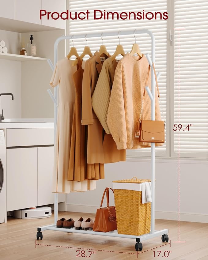 Sakugi Clothes Rack - Metal Coat Rack with Bottom Shelf, Portable Wardrobe Rack with 6 Side Rods, Rolling Clothing Rack for H