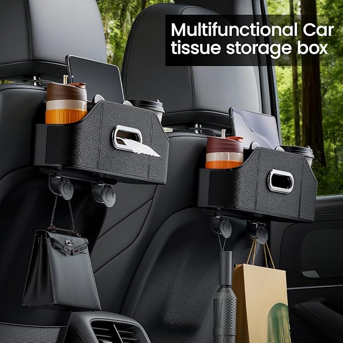 7-in-1 Car Seat Organizer with Cup Holders, Trash Can, Tissue Dispenser & Hooks, Multifunctional Headrest Storage for Backseat, Travel Essentials for Family Car Trips (Black)