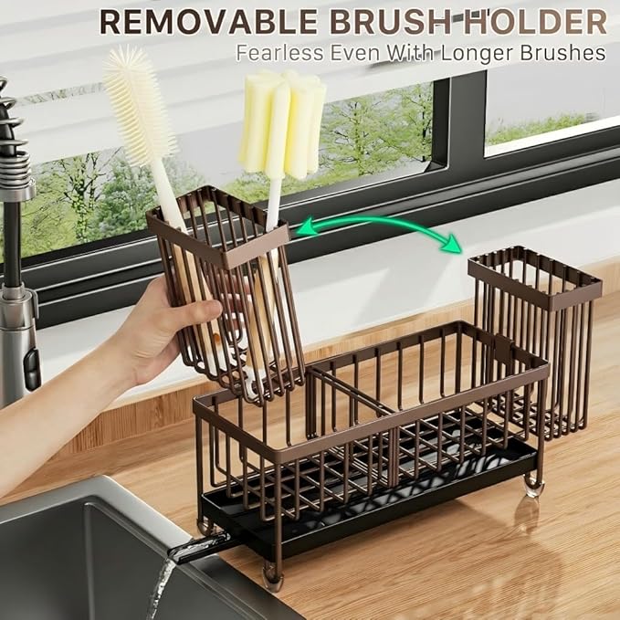 Cisily Brown Sponge Holder for Kitchen Sink, Sink Caddy Organizer with High Brush Holder, Kitchen Countertop Organizers and S