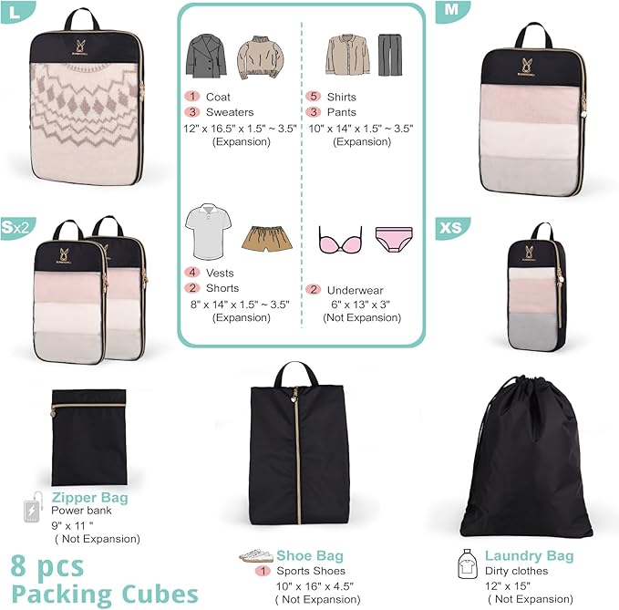 See Through Expandable Compression Packing Cubes, Mesh Travel Packing Cubes for Suitcases, Lightweight Organizers Bag Set for