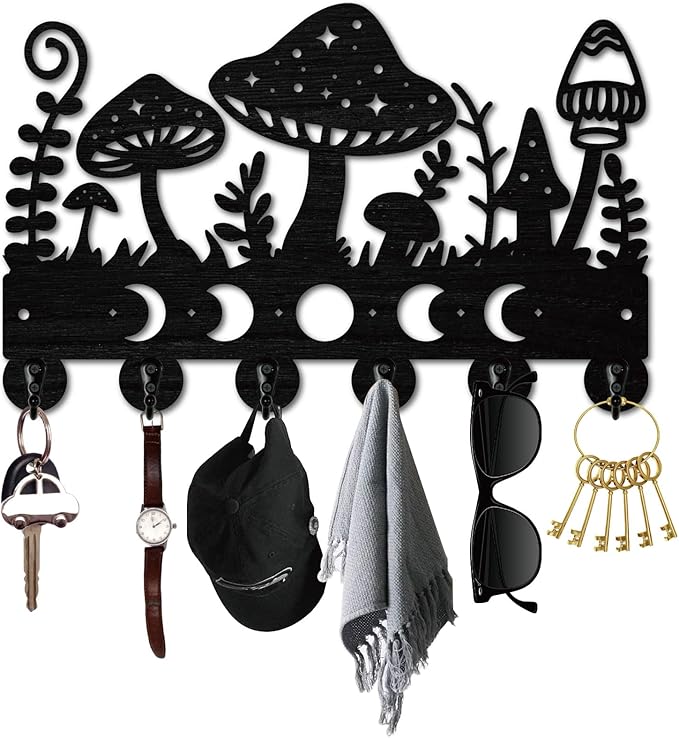 Mushroom Key Holder Black Key Holder Wall Mount 11.8 x 7.5 Inch Moon Phases Grass Wooden Keychain Hanger Organizer Rack with 