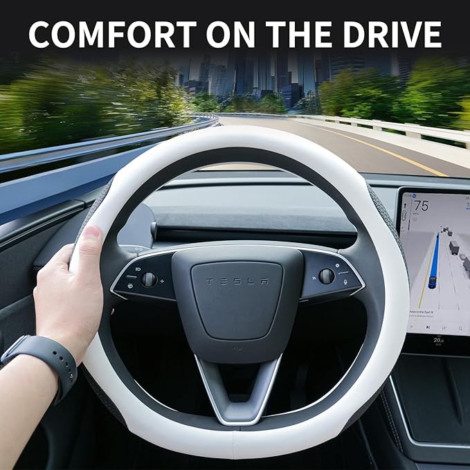 Premium Leather Steering Wheel Cover for Tesla Model 3/Y 2016-2025 2026 Juniper/Highland, Non-Slip Breathable Tesla Model 3/Y Steering Wheel Protector, White