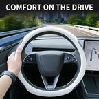 Premium Leather Steering Wheel Cover for Tesla Model 3/Y 2016-2025 2026 Juniper/Highland, Non-Slip Breathable Tesla Model 3/Y Steering Wheel Protector, White